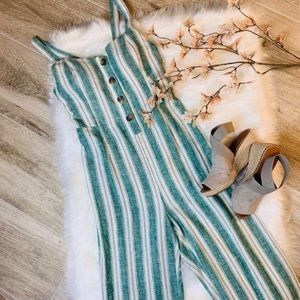 Kelly Green Vertical Striped Linen Blend Jumpsuit